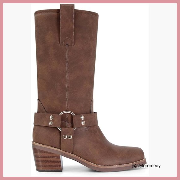 Faux Leather Mid Calf Boots Square Toe Block Heel Pull On Riding Boots